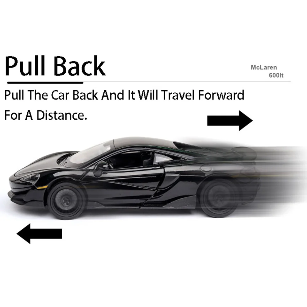 1:32 McLaren 600LT 장난감 모델 합금 다이캐스트 자동차 소리와 빛 3 도어 열림 풀백 기능 어린이 선물용 장난감 차량