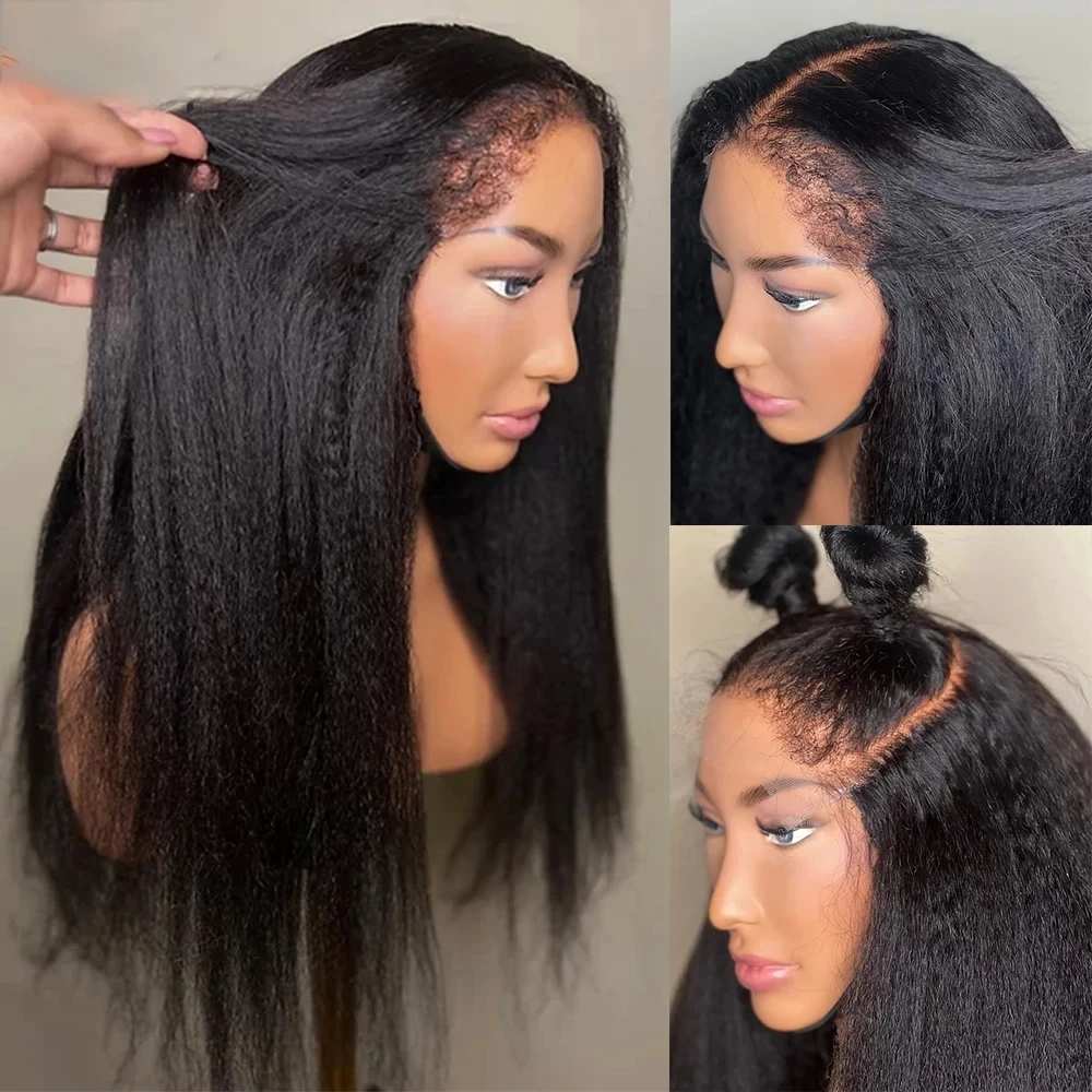 

Yaki Black Glueless Middle Part Preplucked Yaki 26“Long 200% Density Kinky Straight Soft Lace Front Wig For Women Baby hair