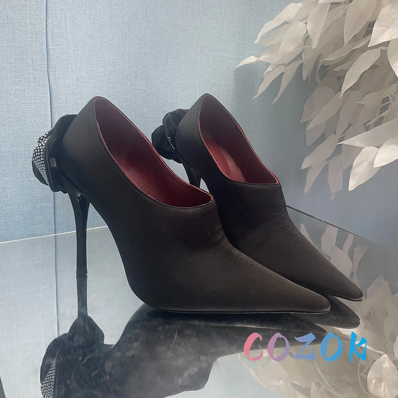Sexy Black Pointed Toe Flower Decoration High Heels Summer Women's Large Size Dress Shoes Formal Lady Banquet Shoes 6