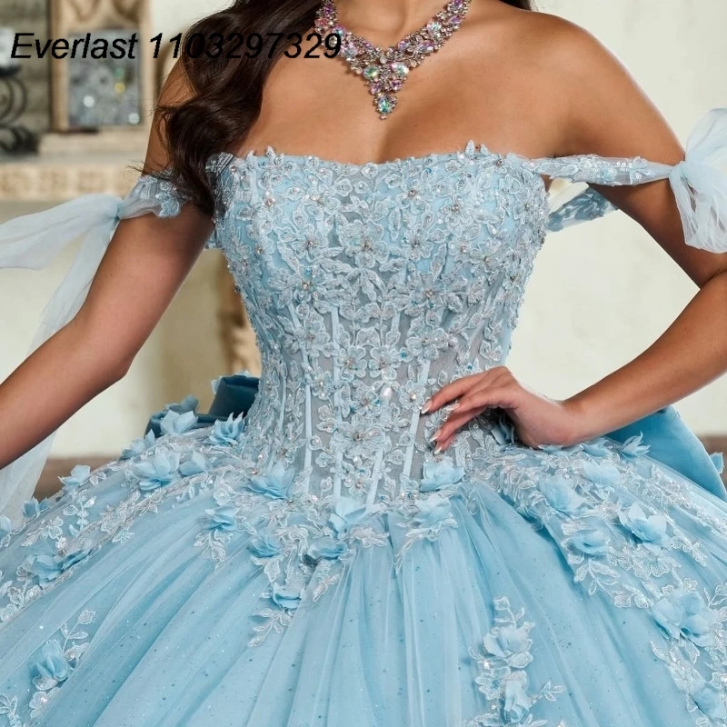 Quinceanera Dresses Ball Gowns Lace Applique Beaded Crystal Bow Corset Sweet 16 Vestidos De 15 Anos