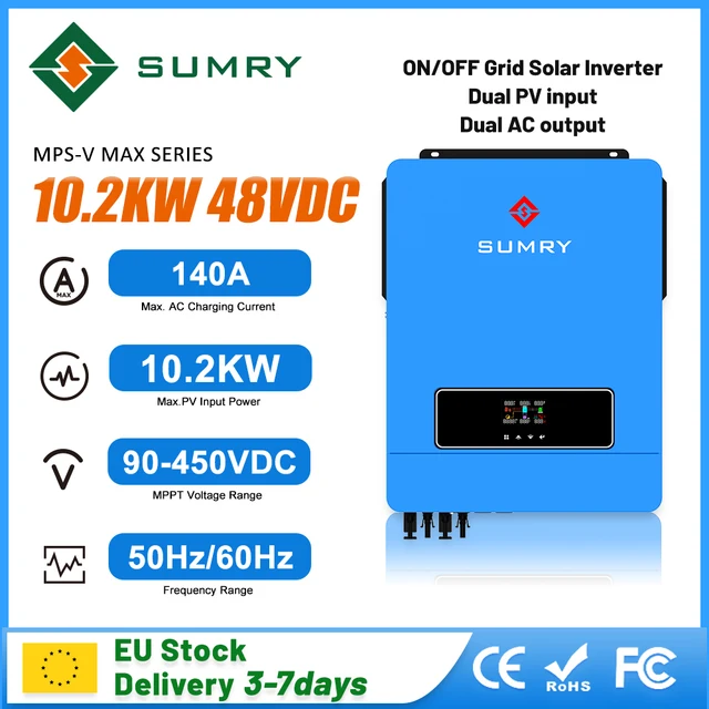 อินเวอร์เตอร์พลังงานแสงอาทิตย์แบบไฮบริดในฤดูร้อน10.2KW แบบกริดคู่เอ็มพีที48โวลต์ PV 500VDC สูงสุด160A เครื่องควบคุมการชาร์จพลังงานแสงอาทิตย์บ้าน 1