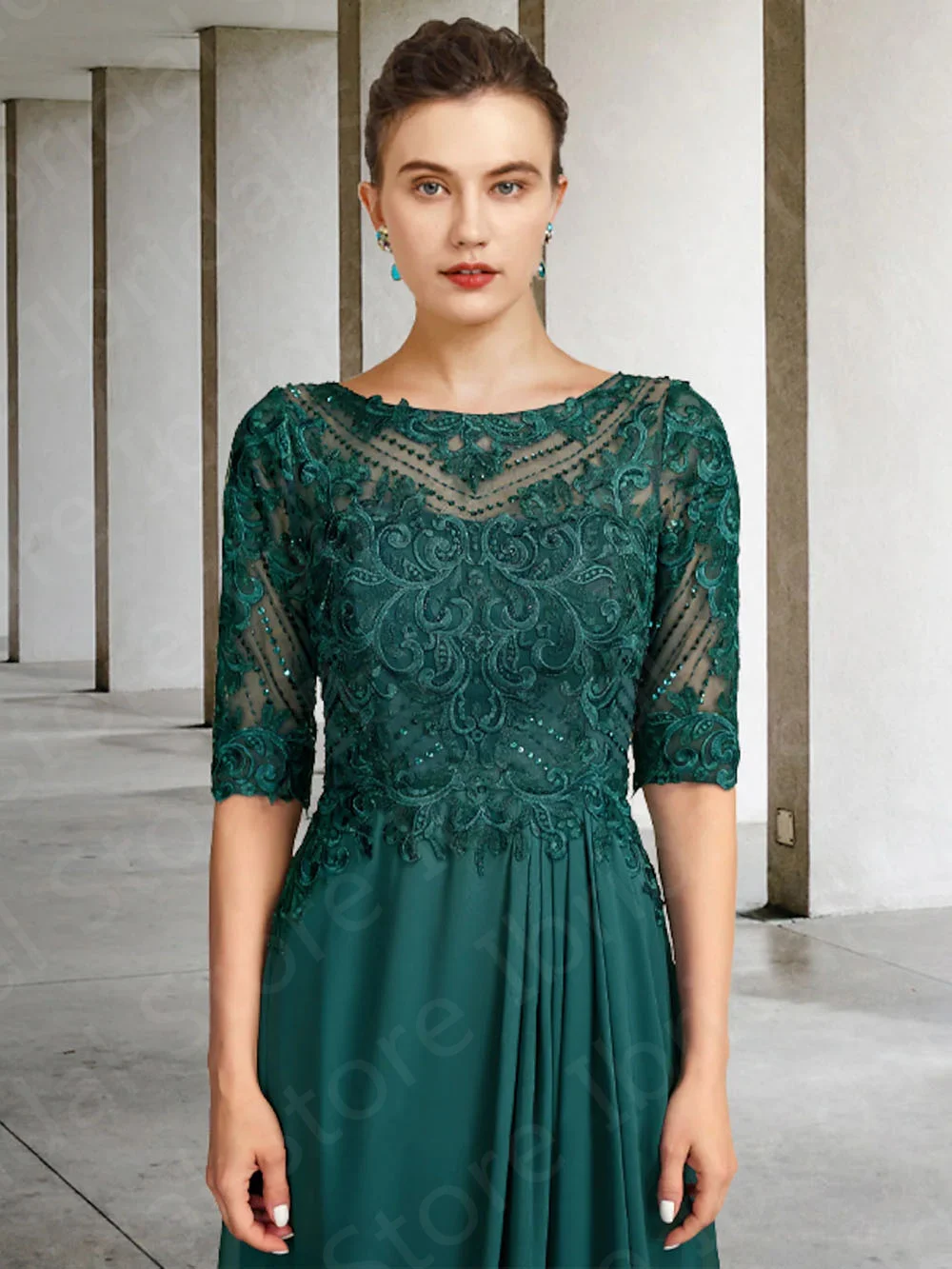 Graceful On Sale Teal Mother of the Bride Gowns Half Sleeves Lace  Dresses Round Neckline Wedding Party  Back Out