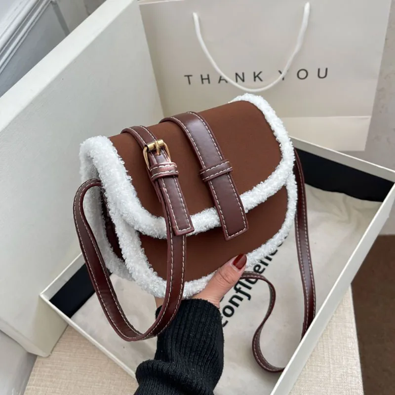 

Senior Texture Crossbody Bag Retro Lamb Wool Splice Shoulder Bag Lady Winter Fashion New Casual All-Matching Small Square Pack