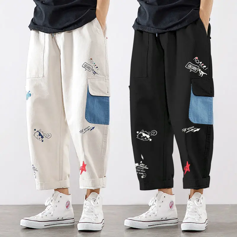 Elegant Fashion Harajuku Slim Fit Ropa Hombre Loose Casual All Match Cropped Pants Patchwork Printed Pockets Straight Leg Pants