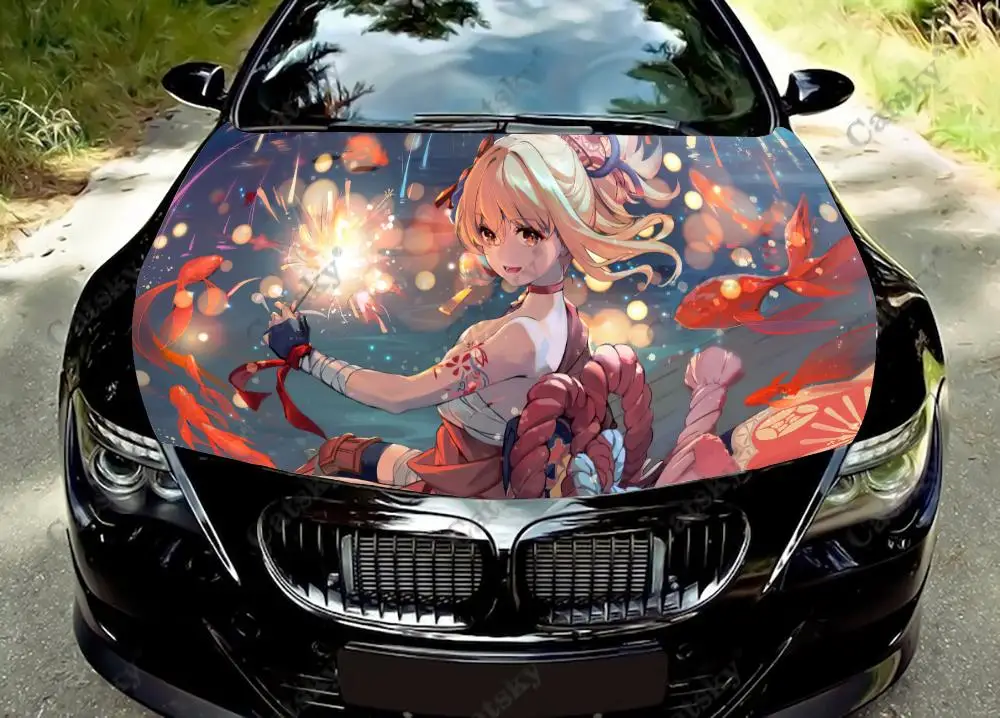 

Виниловые стикеры на капот автомобиля Cute Genshin Impact Girl, виниловая пленка, наклейки на крышку двигателя, автомобильные аксессуары