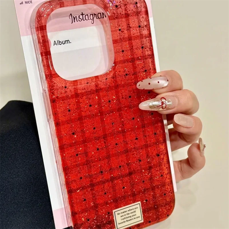 Glitter Semi-Transparent Red Checkered Phone Case with Double-Layer Puppy Holder