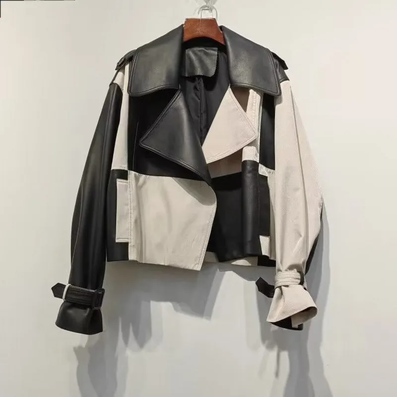 

New Spring Autumn Streetwear Loose Lapel Splicing Pu Coat Women Fashion Moto Biker Faux Soft Leather Jacket with Belt
