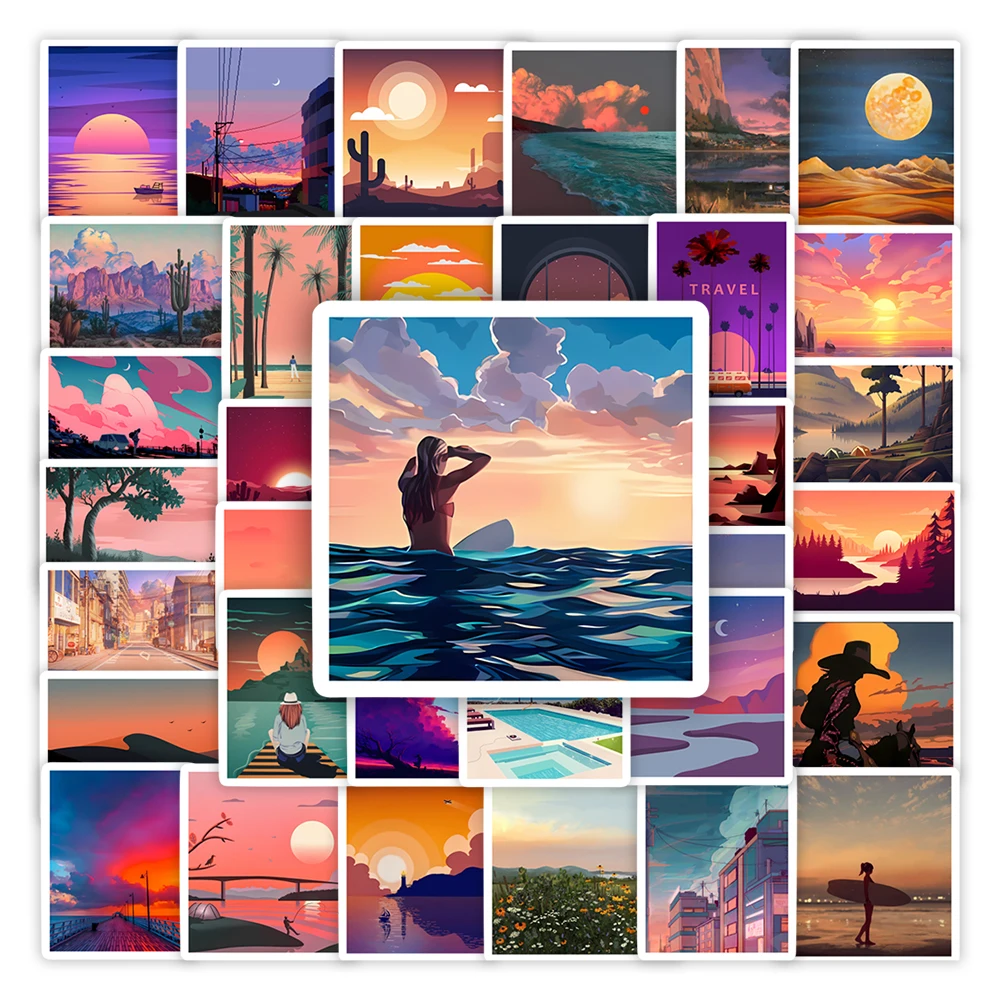 Aesthetic Sunset Illustration Arts Stickers DIY Toys Gift Waterproof Decal for Scrapbook Laptop Phone Luggage Bottles Decorative