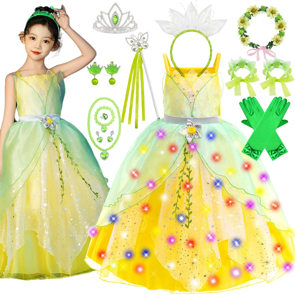 Princess Cosplay Tiana Dress Led Light Birthday Ball Gowns Fancy Fairy Floral Clothing Party Elegante Mesh Halloween Gift 2-12T