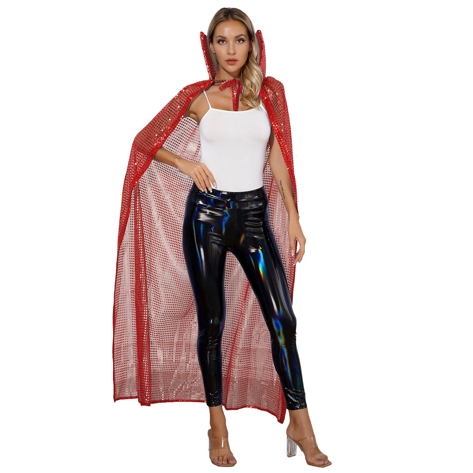 

Halloween Vampire Witch Princess Cloak Women Men Shiny Sequin Stand Collar Maxi Cape Long Cloak for Xmas Party Cosplay Costumes