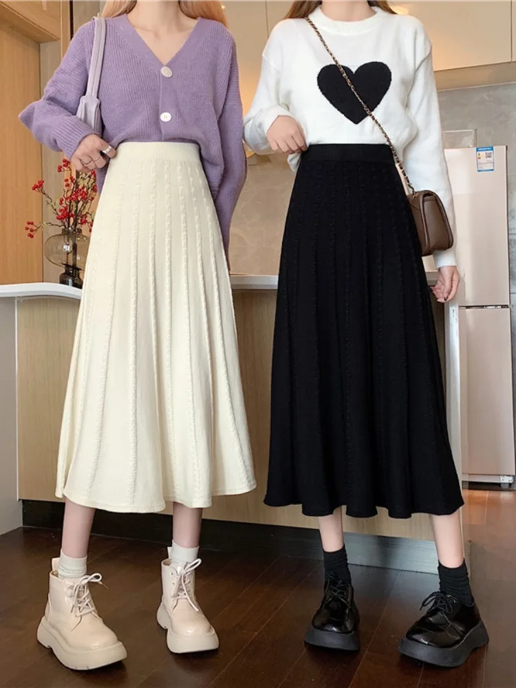 

Women Autumn Thick Pleated Long Skirt Vintage High Waist Ribbed Female Solid Skirts Casual Streetwear Knitted Skirts 2024 F34