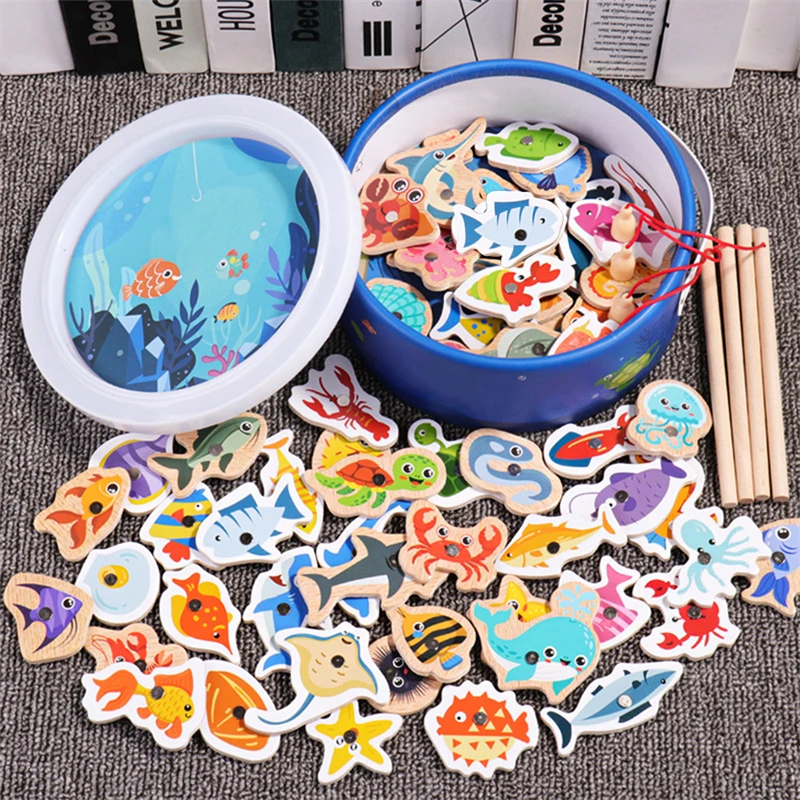 Magnetic Fishing Game Suitable For Young Children Wooden Letter Puzzle Maze Board Preschool ABC Capital Letter Matching Game Fishing Game