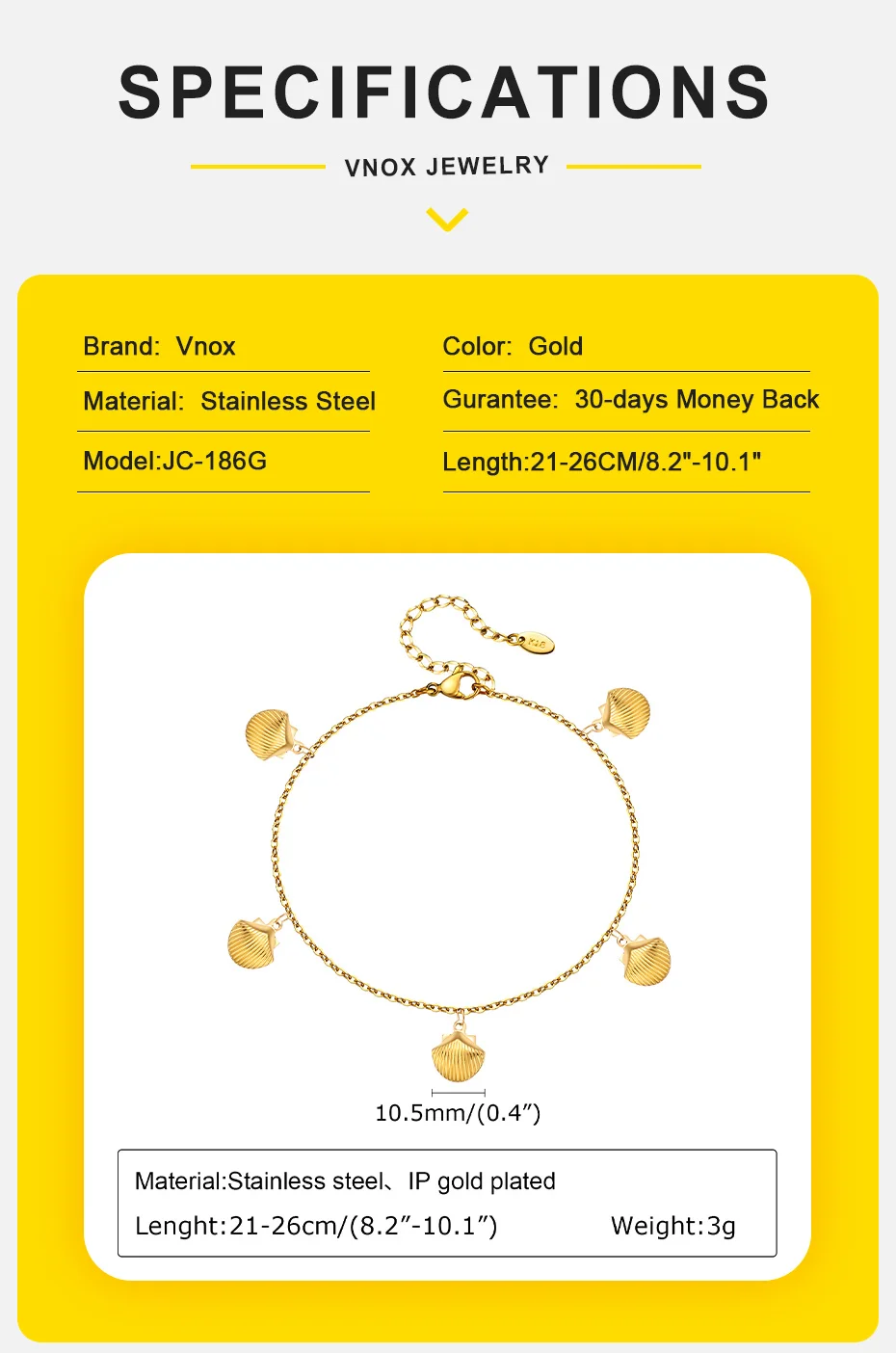 Vnox Damen verstellbare Fußkettchen, runde Schlangen kette Muschel Herz Charms Armband Knöchel kette, exquisite Strand Armband am Bein – Detail 15
