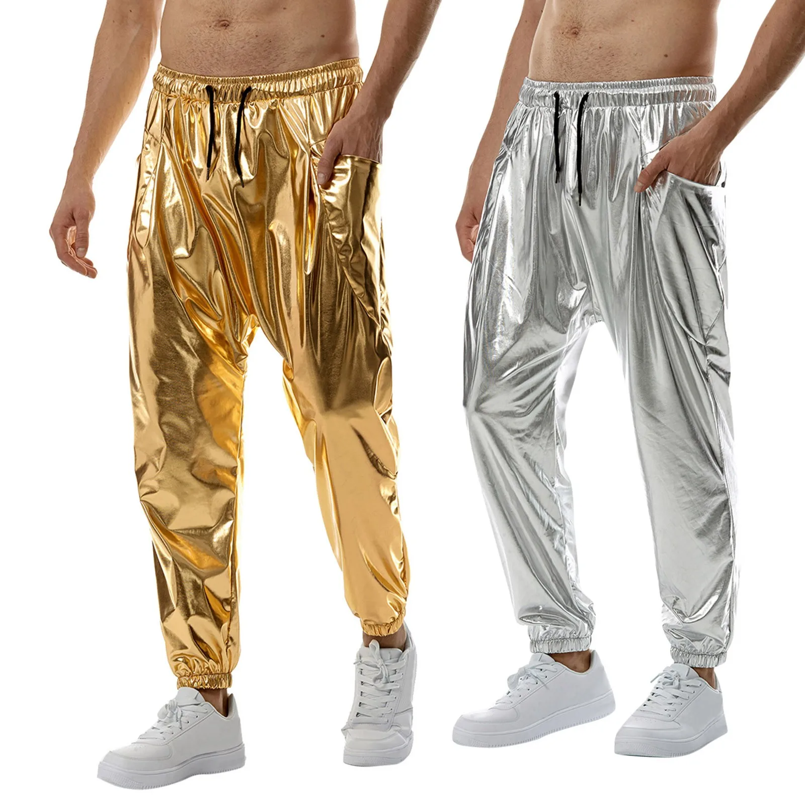 

Mens Shiny Silver Metallic Jogger Sweatpants Hip Hop Wet Look Trousers Men Club Party Festival Prom Streetwear Pantalones Hombre