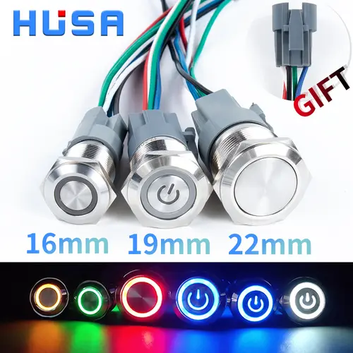 12 16 19 22mm With Wire Waterproof Metal Push Button Switch  LED Ring/Power Light Momentary Latching   5/12/24/220V silver1NO1NC - Image 4