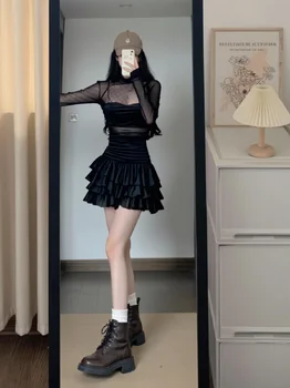 plus Size Black High Collar Mesh Short Skirt Splice Micro Translucent Spring Summer Sexy Girl Dress Net Material A-Line Skirt