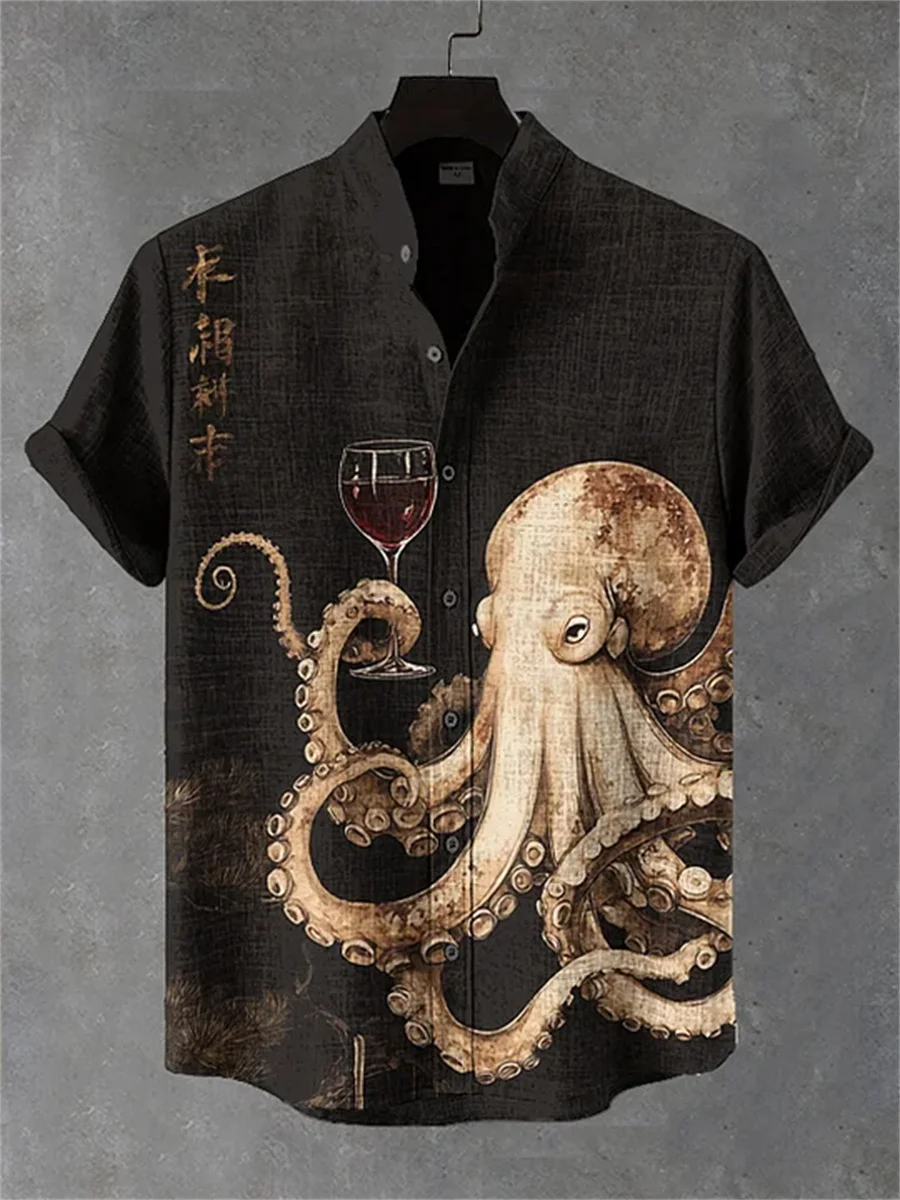 Short Sleeves Hawaiian Shirt Ultimate Breezy Octopus-Print Linen-Like 2