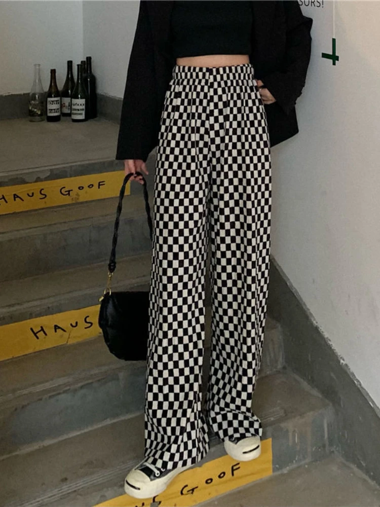 

HOUZHOU Korean Fashion Black White Plaid Pants Women Harajuku Wide Leg Checkerd Trousers For Female Streetwear High Wiast Jogger