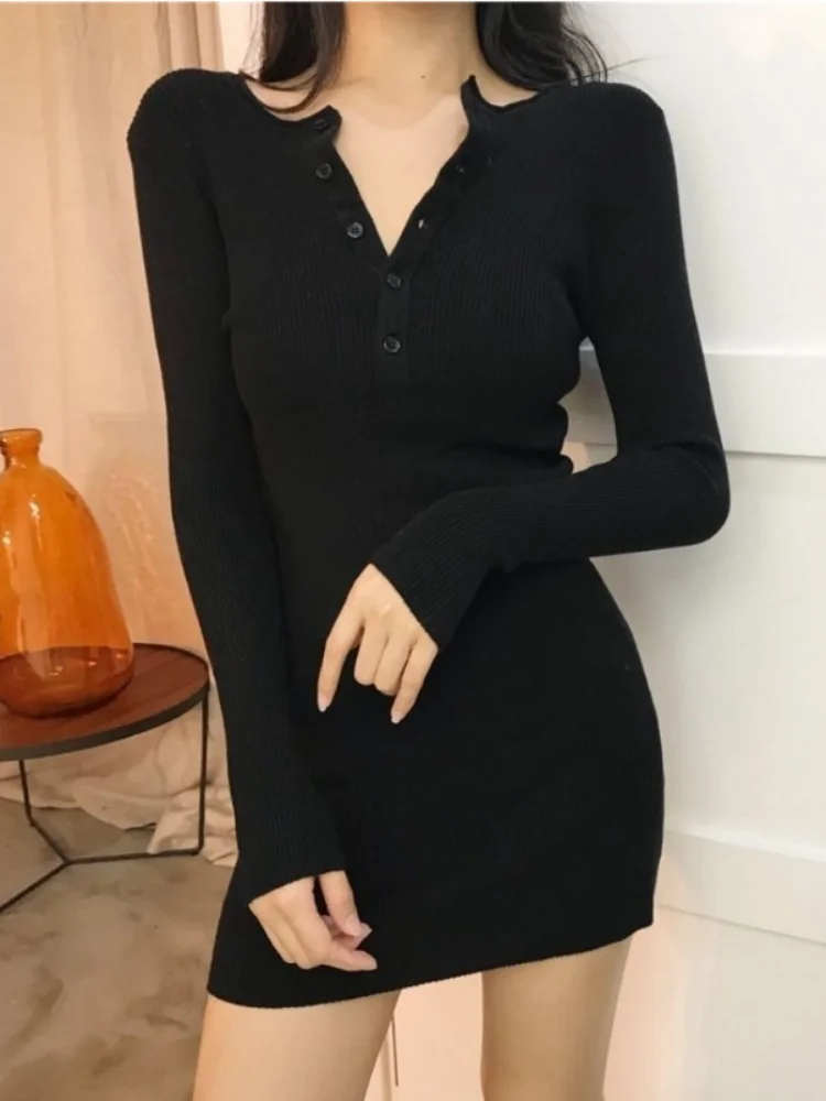 

QWEEK Knitted Bodyon Wrap Black Dress Women Sexy Slim Party Short Dresses Evening 2022 Autumn Korean Fashion Long Sleeve Robe