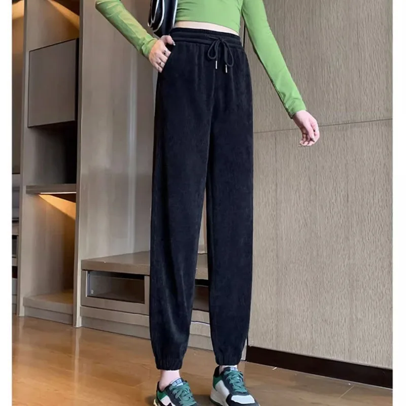 Autumn and Winter Women's Elastic High Waist Drawstring Screw Thread Solid Color Plush Thickened Corset Lantern Trousers Pants