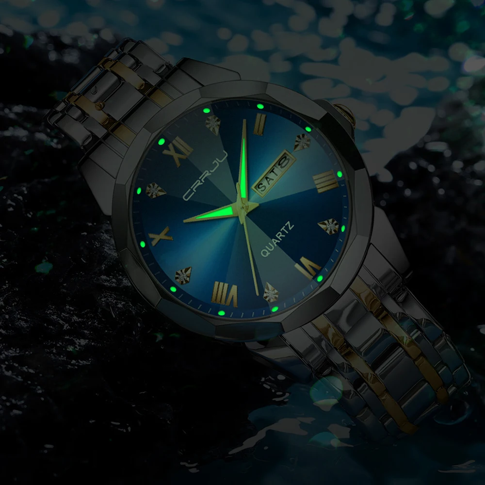 CRRJU Luxury Men Quartz Watch Waterproof Date Week Luminous Wristwatch Stainless Steel Men's Watches Male Clock Sports Reloj