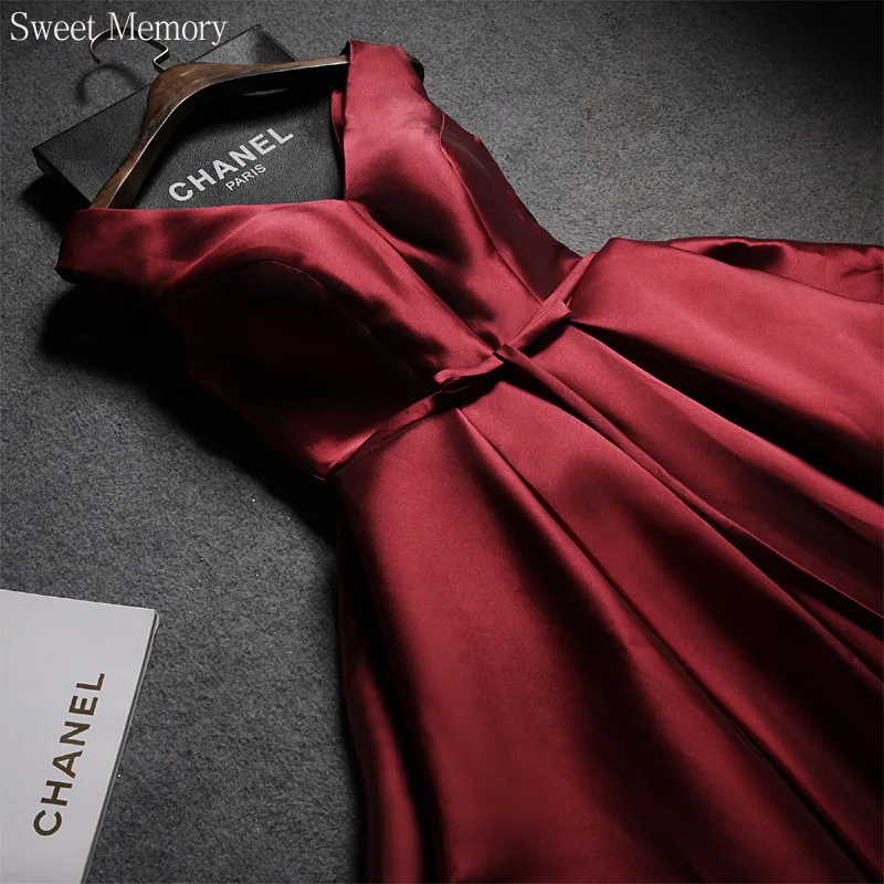 F279 Sexy V-Neck Wine Red Satin Prom Dresses Woman Lace Up Wedding ...