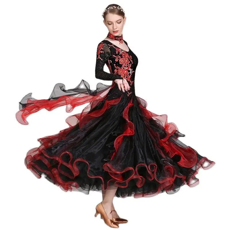 Embroidery V Neck Rhinestones Woman Ballroom Dance Competition Dress Foxtort Dance Costumes Ball Gown Prom Dress
