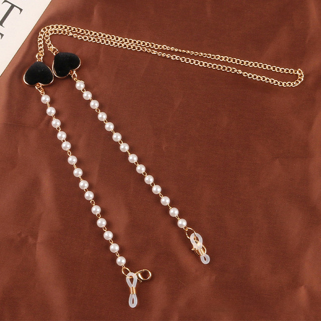 Fashion Colorful Velvet Heart Pendant Glasses Chain Elegant Imitation Pearls Face Mask Neck Strap Women Sunglasses Lanyard