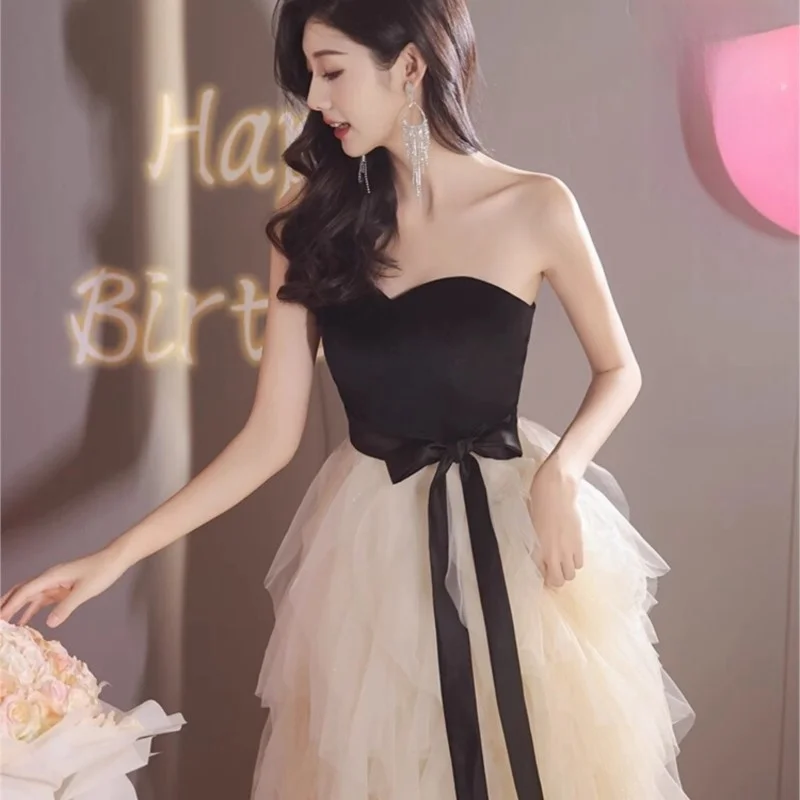 

Tube Top Evening Dress for Women Birthday Adult Ceremony Banquet Light Luxury Minority Art Exam