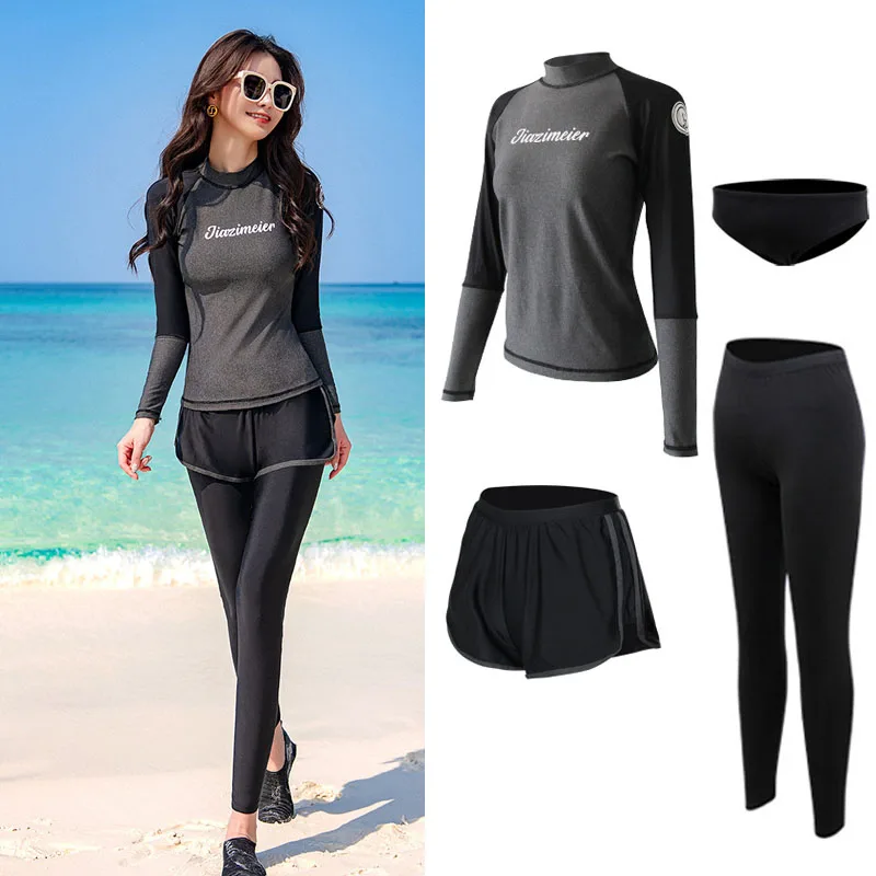 

Women's Colorblock 5pcs/set Zip Up Swim Shirt+Leggings+Shorts+Bikini Set Swimsuit Sporty Bathing Suits Rashguards Yoga Tracksuit