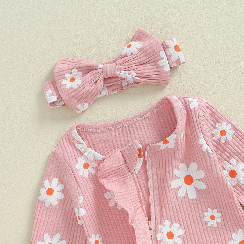 Newborn Baby Girl Footies Ribbed knit Romper Daisy Print Long Sleeve Zip Up Ruffle Jumpsuit Bodysuit Fall Clothes