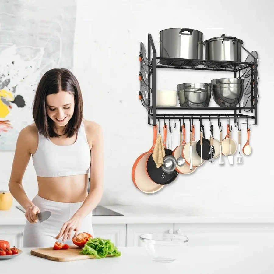 28 Inch Pot Rack Wall Mounted 2 Tier Pots and Pans Organizer with 20 Hooks and 6 Pot Lid Holders Heavy Duty Steel Pot and Pan H