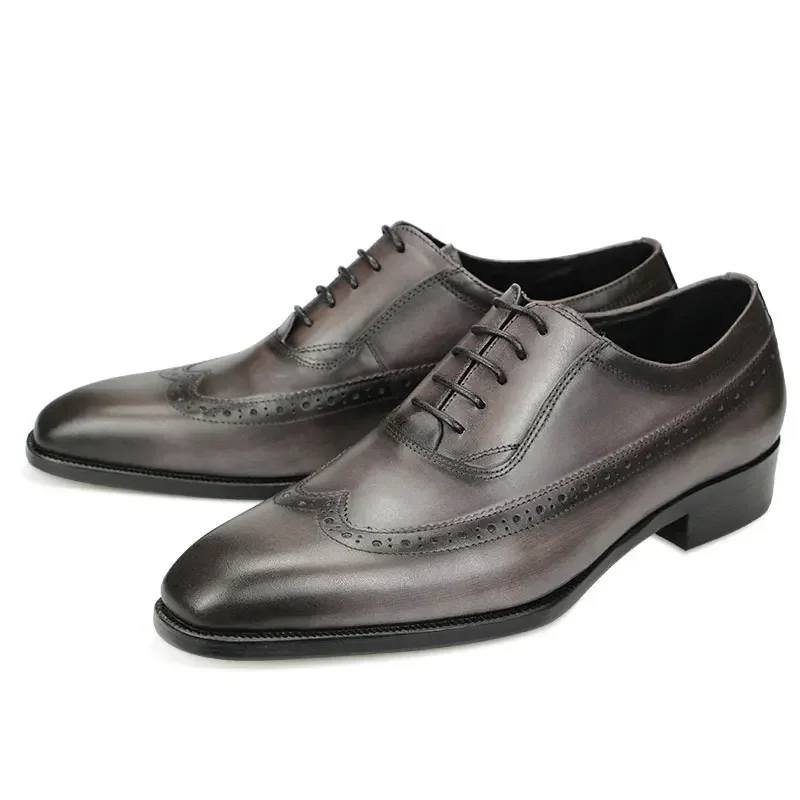 Formal Shoes Male 38-47 Handcrafted Luxury Men Dress Shoe Genuine Leather Wingtip Grey Brogue Lace-up Classic Style Comfortable