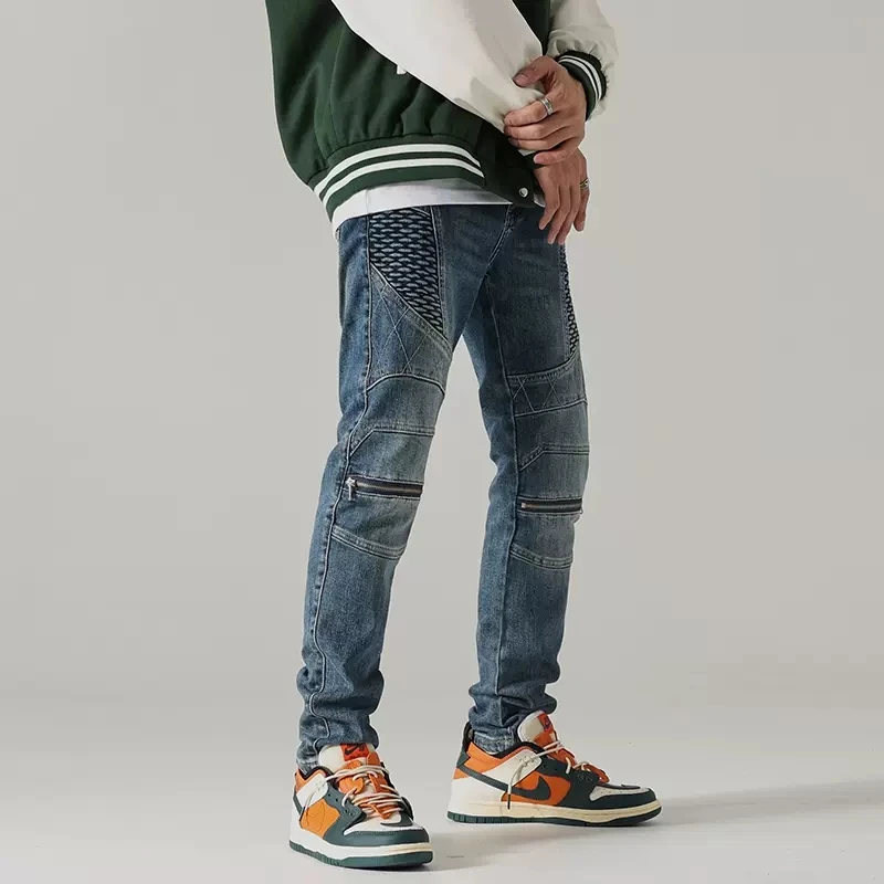 Street Fashion Men Jeans Retro Blue Slim Fit Elastic Spliced Biker Jeans Homme Patch Designer Hip Hop Pants Men Punk Trousers