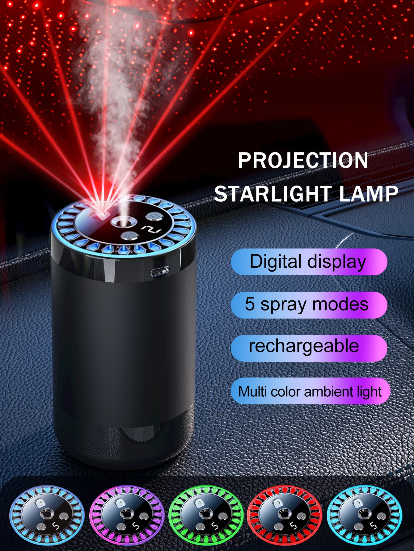 Rechargeable car aroma diffuser, aromatic essential oil, colorful lights, romantic starry sky lights, bedroom gift 2