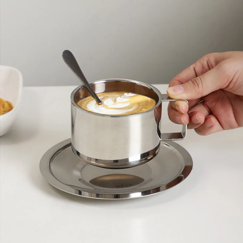 1pc 180/200ml Coffee Cup Double Layer Hot Resistant Coffee Cup Set  Stainless Steel Tea Cup With Plate and Spoon - AliExpress 15