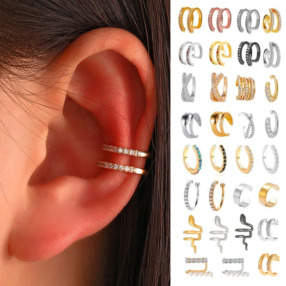 Korean Fashion Crystal Double-layer Ear Clip Earrings For Women Jewelry New Zircon Ear Cuffs Without Hole Snakes Fake Earrings fashion bracelet holder stand display wedding ring for woman jewelry shop show shelf fake hand organizer packaging wholesale