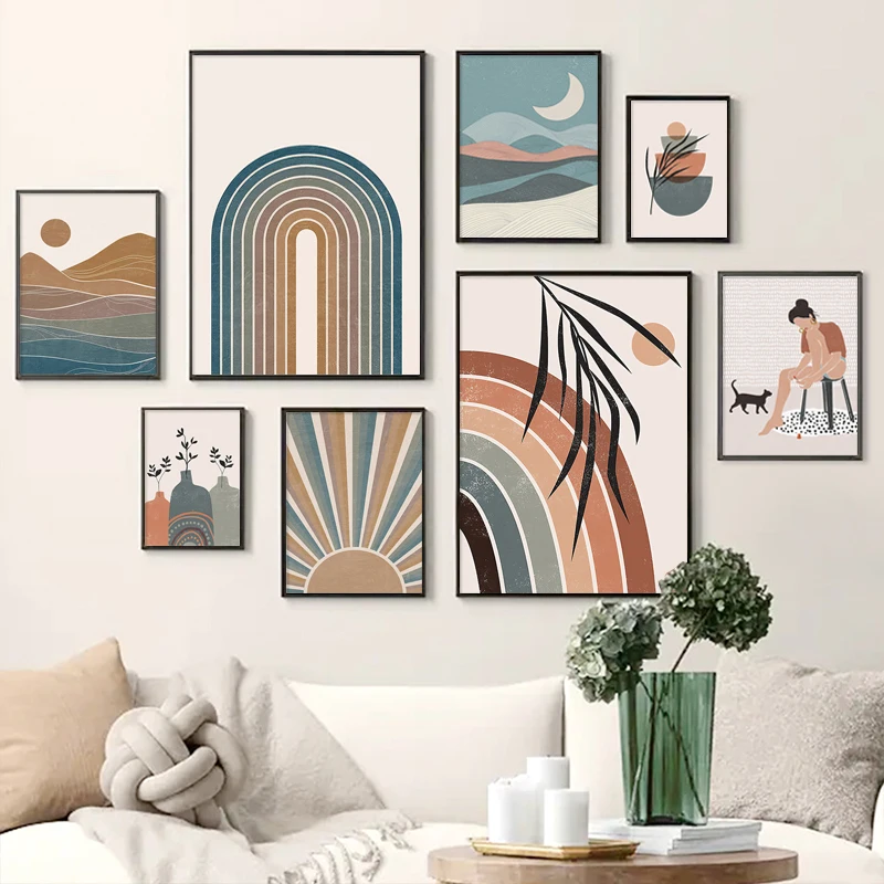 

Boho Leaves Abstract Posters Mountain Moon Sun Rainbow Wall Art Canvas Painting Nordic Wall Print Pictures For Living Room Decor