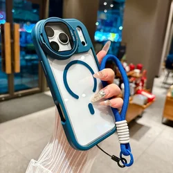 Foldable Magnetic Transparent Case with Lens Stand and Shockproof Design, Featuring Wrist Strap for iPhone 17 (Navy Blue)