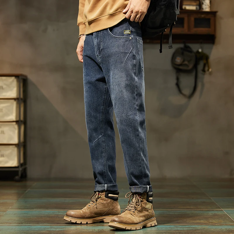 Fleece Thicked  Black Gray Jeans Men\'s Loose Straight Casual Slim-Fitting Middle-Aged Men Pants Winter Warm Trousers Male Cotton