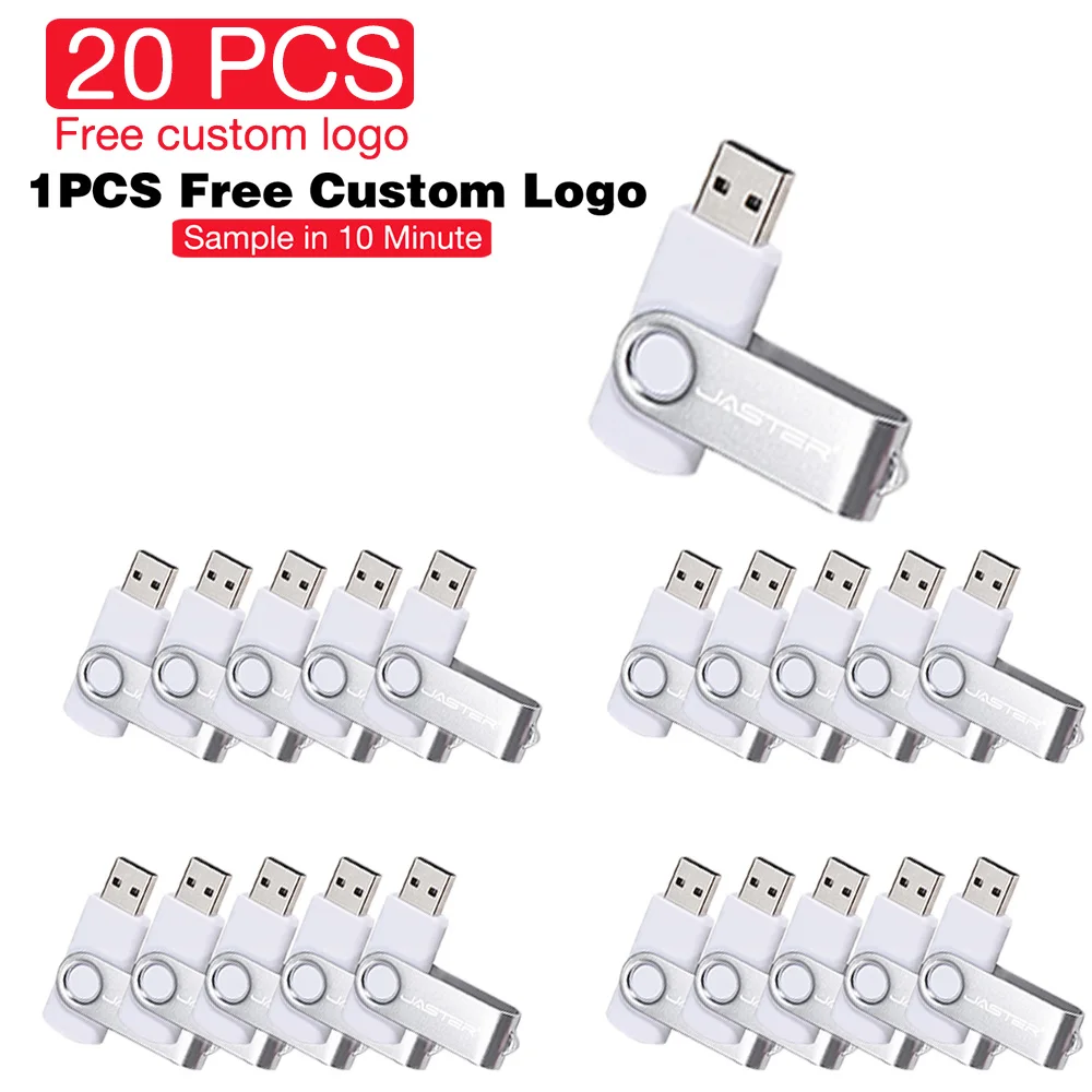 

JASTER Free Custom Logo Memory Stick 128GB 20 PCS LOT USB Flash Drives 64GB White Pen Drive 32GB Metal USB Stick 16GB Rotatable