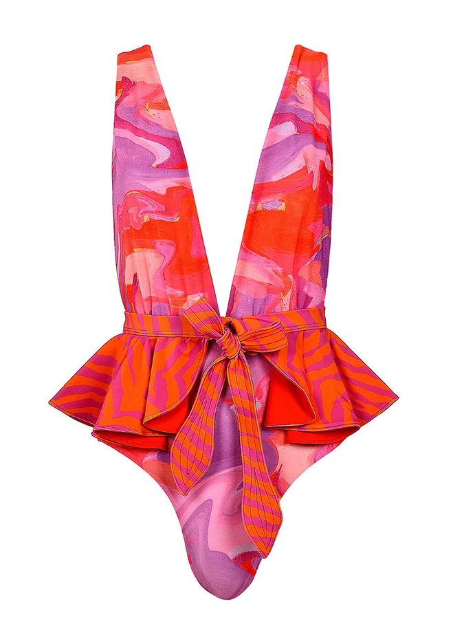 Deep V Neck Beach Outfits 2023 New Swimwear Summer Female Floral Print Swimsuit and Cover-Up Bathing Suit Sexy Beachwear