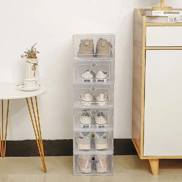 6 plastic stackable shoe boxes and shoe storage compartments