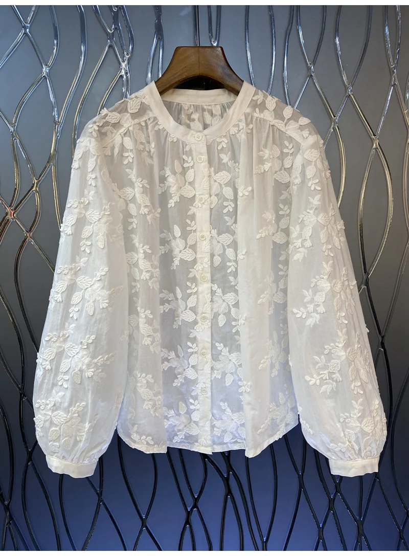 

100%Cotton Shirts 2023 Spring Summer Style Blouses Women Allover Exquisite Embroidery Lantern Sleeve Casual Loose White Shirts