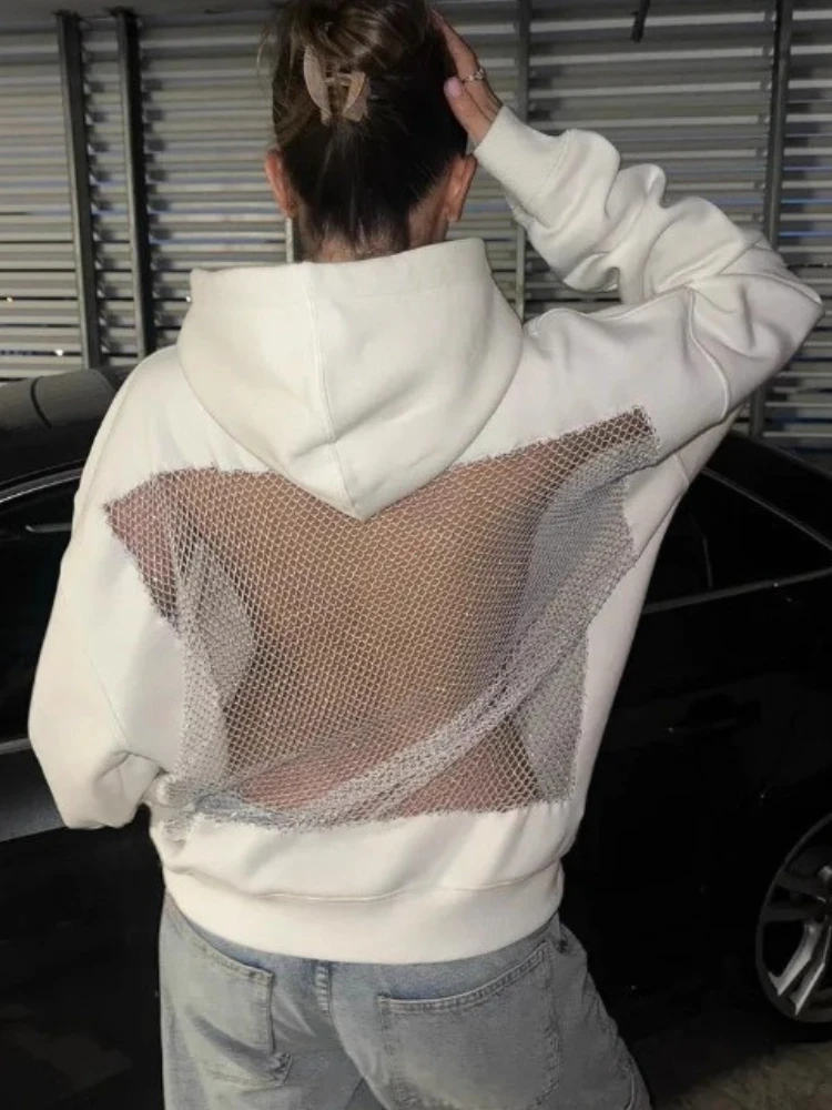 American Gothic Sexy Hollow Mesh Hoodie Y2K Clothes Womens Fashion Translucent Pullover Sweatshirt Casual Long Sleeves Jacket