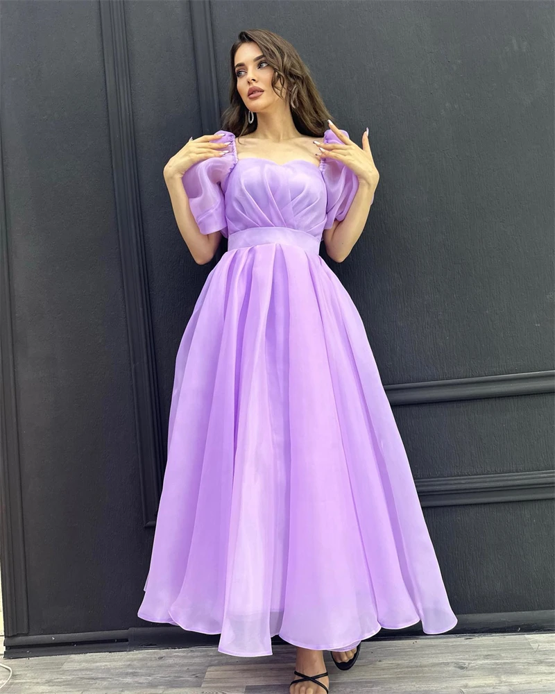 

Noble Purple A-Line Square Neckline Prom Dress Ankle-Length With Short Sleeves Draped Evening Summer Party Dress For Women2023