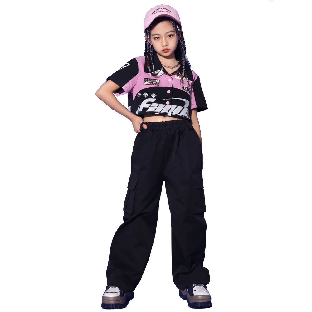 

Kids Girls Streetwear Fashion Hip Hop Short Sleeve Navel Shirts Cargo Pants Sets Suits Children Dance Clothes Tracksuits Costume