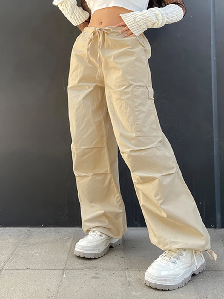 Weekeep Light Khaki Cargo Pants Streetwear 100% Cotton Big Pocket Patchwork Casual Pants Drawstring Low Waist Baggy Trouser Lady