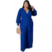 

Fashion Large Size Loose Jumpsuit Women Solid V Neck Straight Trousers Long Sleeve Sexy African Clothing 2022 Spring Autumn New