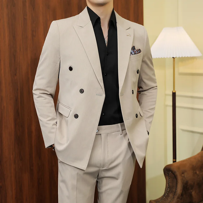 Men Double-Breasted Slim Fit Business Suit Solid Color Two-Piece Set S-7XL Korean Fashion